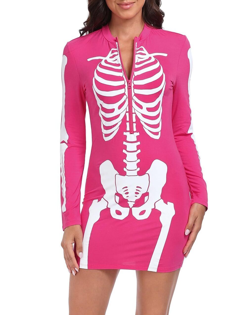 6450 Skeleton Dress Spooky Long Sleeve Bones Mini Dress Halloween Party